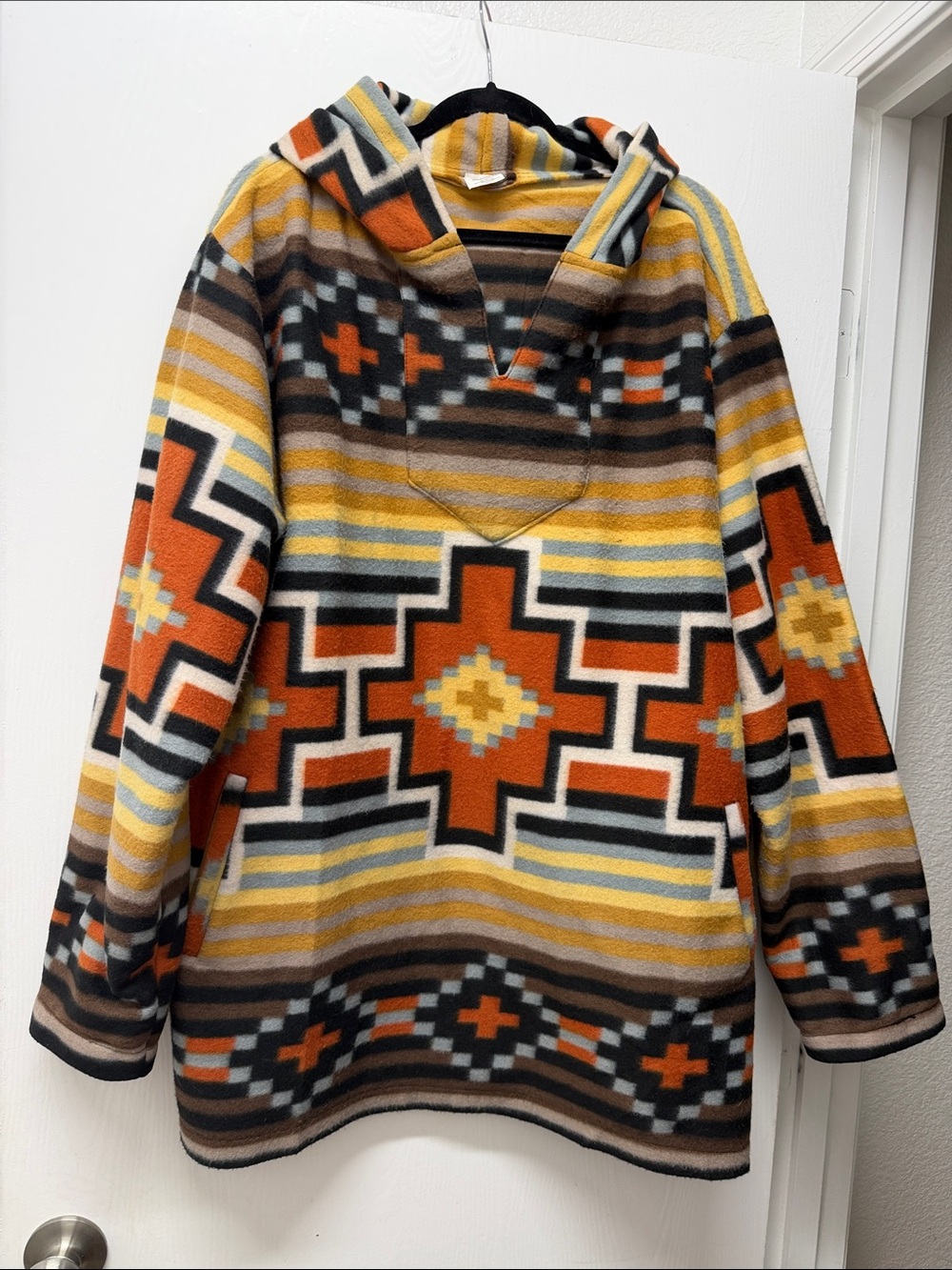 Aztec-Print Hooded Pullover Sweater - Orange & Yellow